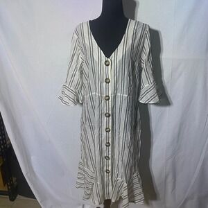 ELSE Capri Summer Dress Black Striped Button Front Midi Flare Ruffle L MSRP$300+